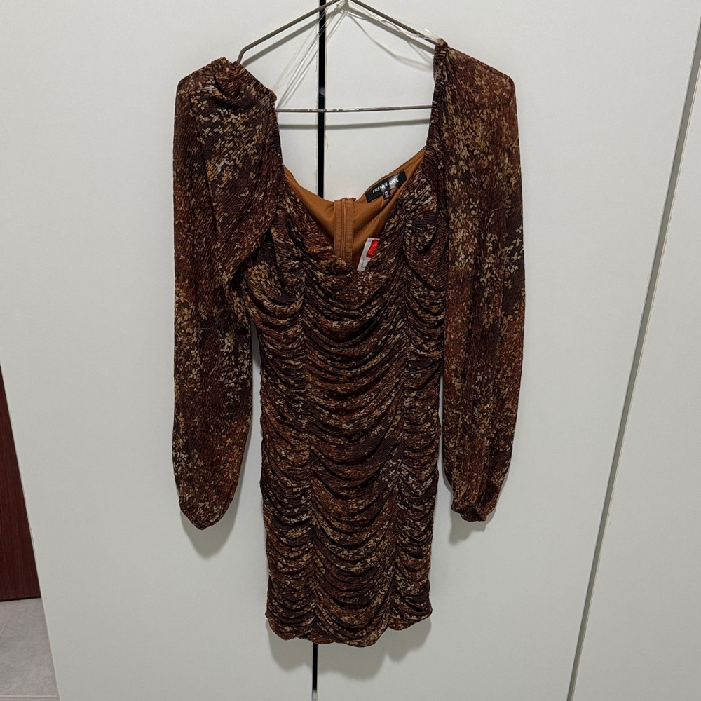 Brown Long Sleeve Ruched Mini Dress